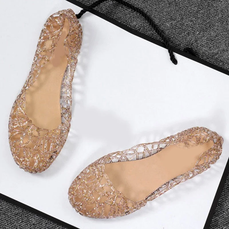 Women Bling Jelly Sandals Summer Flats Shoes New Casual Female Mesh Fashion Hollow Out Slip on Ladies Shoe Comfortable Footwear