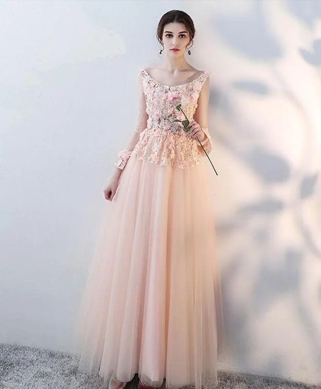 Pink Round Neck Tulle Lace Long Prom Dress, Tulle Evening Dress