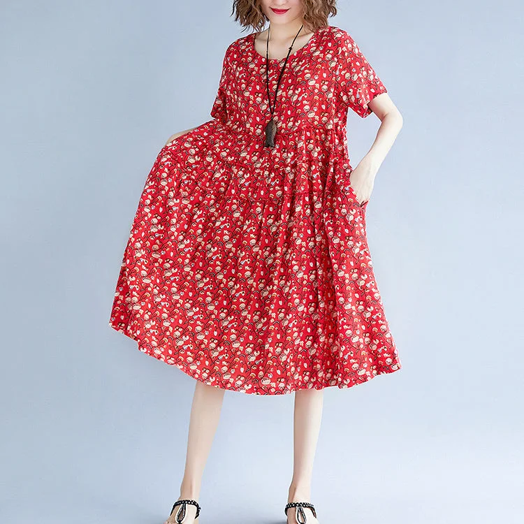 baggy red print cotton linen dresses plus size clothing short sleeve dresses boutique o neck baggy dresses
