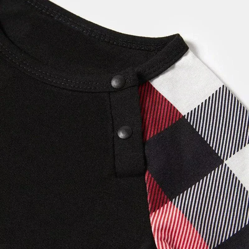 Christmas Tree & "Making Memories Together" Patterned Plaid Sleeve Contrast Tops and Red & Black & White Plaid Pants Family Matching Pajamas Set With Dog Bandana