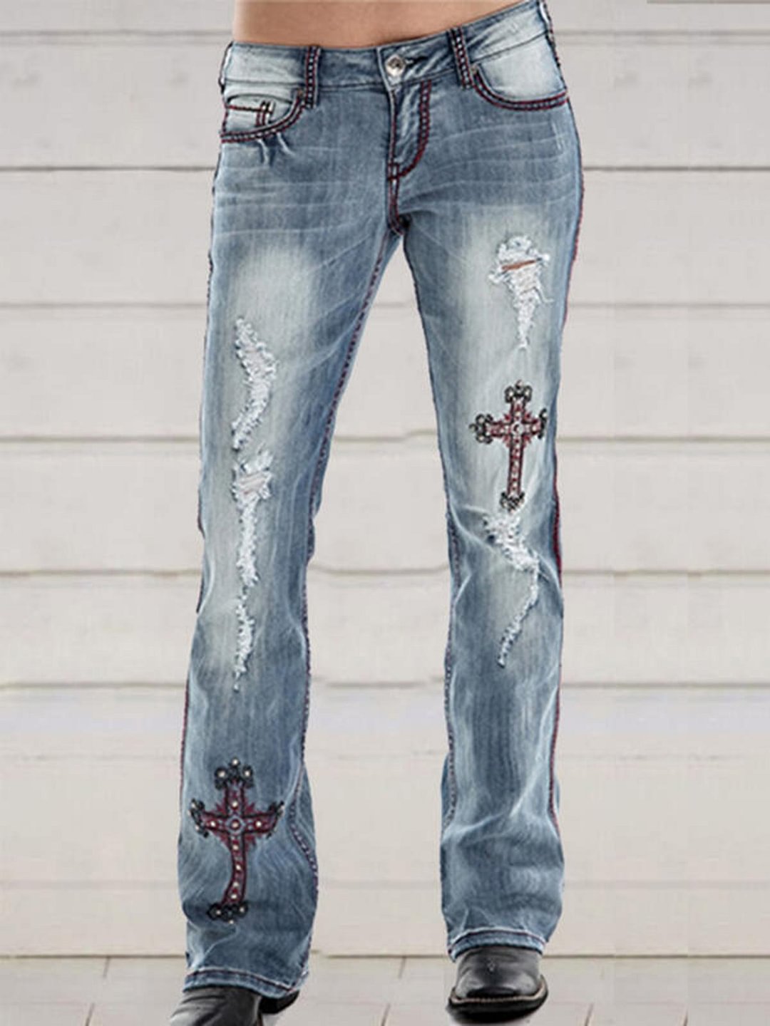Denim Cross Slashed Women Jeans Bottoms(Plus Size)-Allyzone-Allyzone