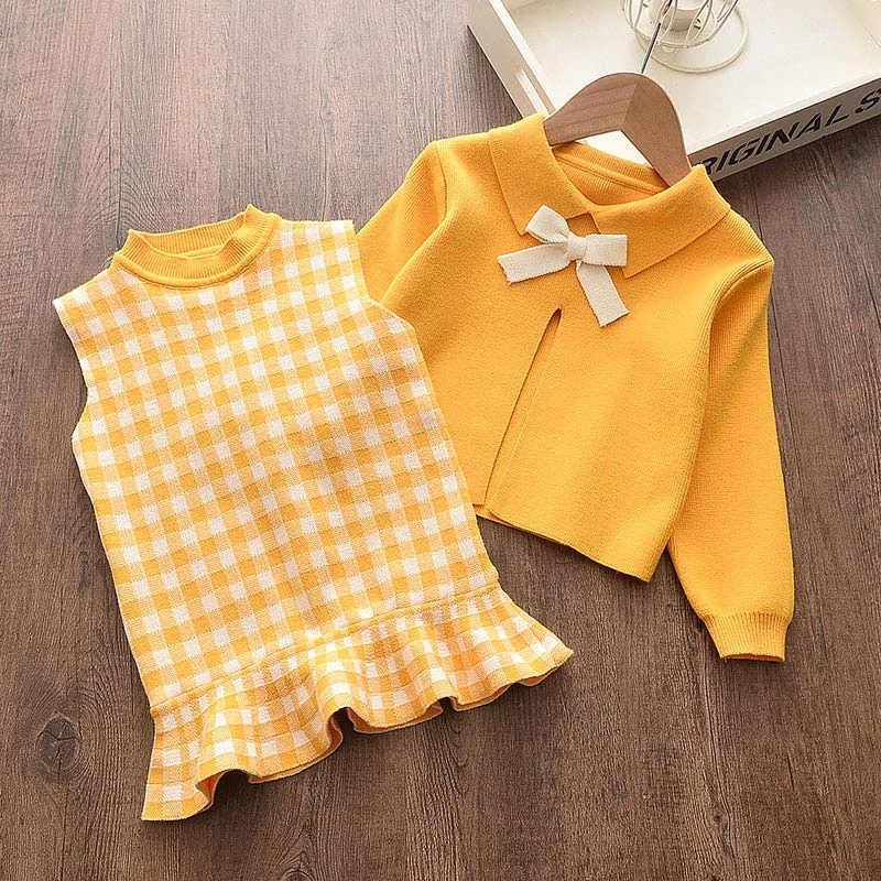 Bear Leader Girls Baby Winter Knitted Clothes Sets Fashion Kids Elegant Plaid Sweaters Tops And Skirt Outfits Princess Knitwear