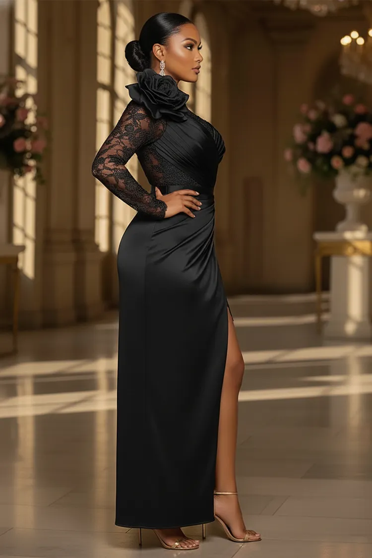 high neck lace patchwork slit tulle hem maxi dresses-black Loragal Rosette Pleated Party Green-S A stylish choice suitable