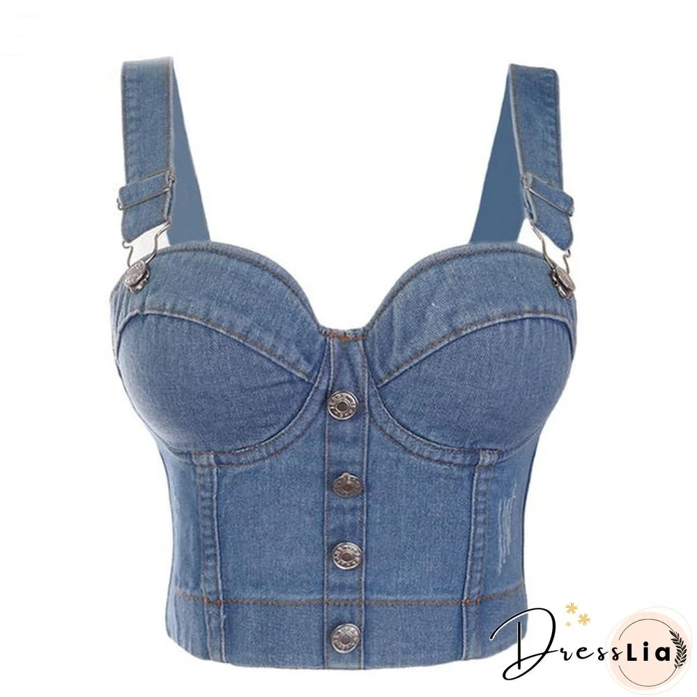 Denim Scratched Women's Spaghetti Strap Button Diamonds Ripped Push Up Bustier Night Club Party Crop Top New Corset Camise