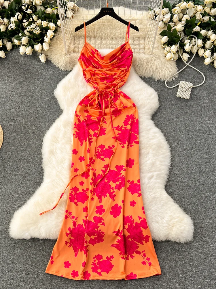 Huibahe Spaghetti Strap Women Sexy Dress Fashion Sleeveless Cross Bandage Design Slim Bodycon Holiday Style Floral Long Dress