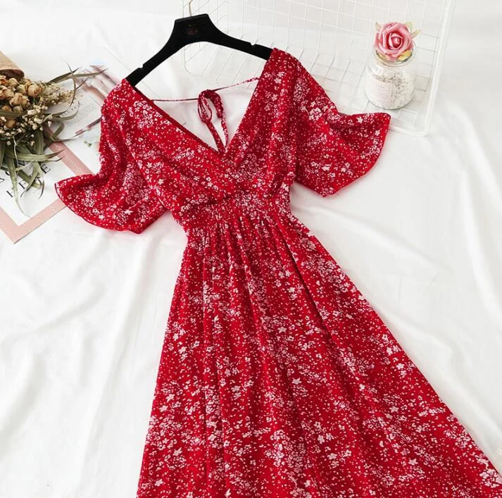 Summer Dress Vintage Floral Ruffles Women Print Short sleeve Chiffon Boho Dresses Mid-calf A-line Backless Sexy Dress Vestidos