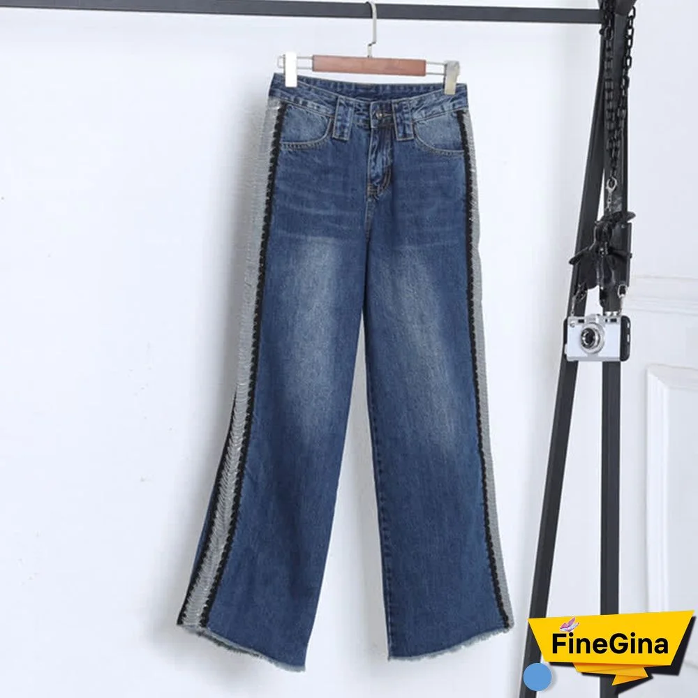 Chain Decor High Waist Straight Casual Denim Pants