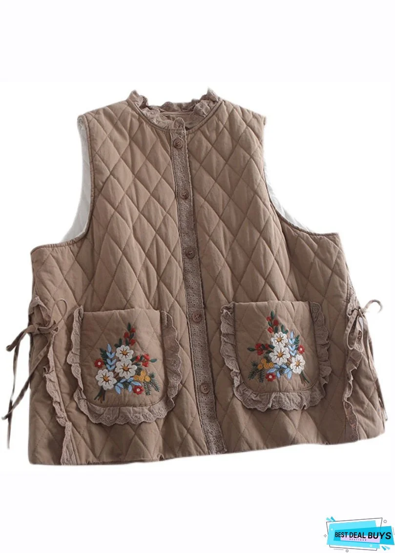 Organic Beige Embroideried Ruffled Patchwork Tie Waist Waistcoat Winter