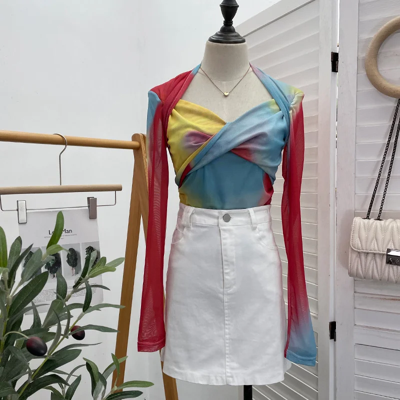 Uveng Explosion Tie-Dye-Print Long Sleeve Bottom Sexy Hottie V-Neck T-Shirt Folded Slimming Mesh Yarn Top 8929