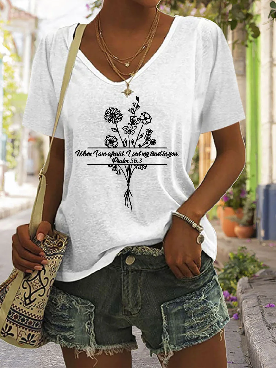 When I am Afraid I Put My Trust In You Flower V-neck T-shirt