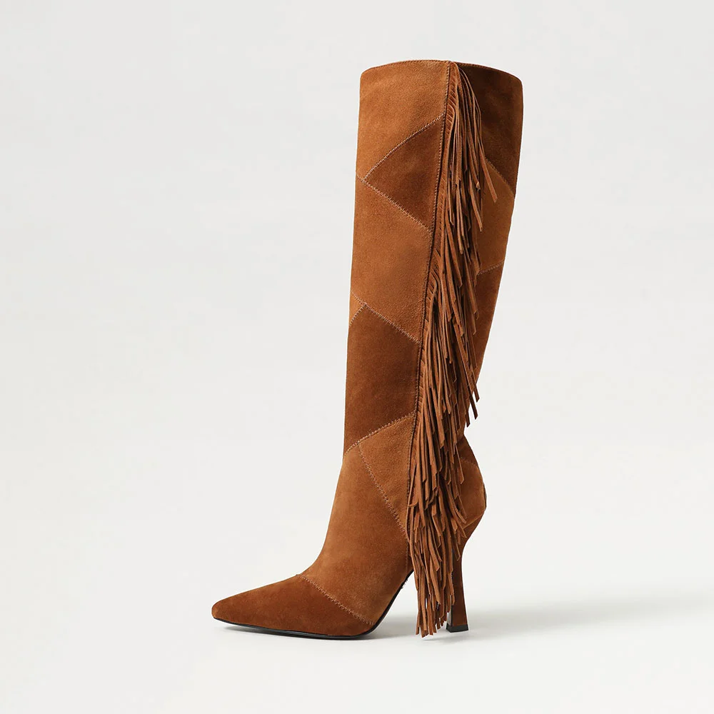 Brown Vegan Suede Patchwork Flared Heel Side Fringe Knee High Boots