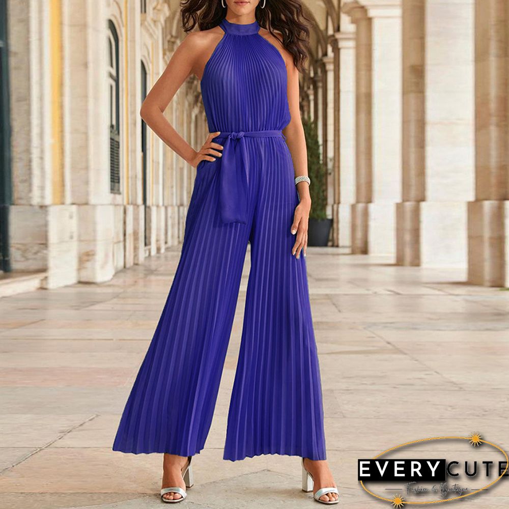 Sexy Haltered Sleeveless Pleated Jumpsuits For Summer Women Jumpsuits New Casual Lace-up Slim Fit Pleated Jumpsuit