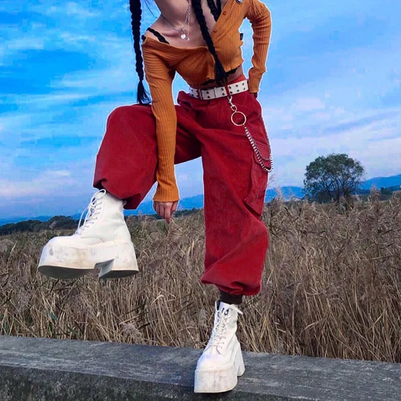 Rapcopter Y2K Red Pants Big Pockets Trousers Chain Zipper High Waist Cargo Pants Retro 90S Fashion Streetwear Women Autumn Pant