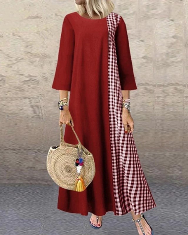 Loose Cotton And Linen Plaid Stitching Half-Sleeved Jumpsuit