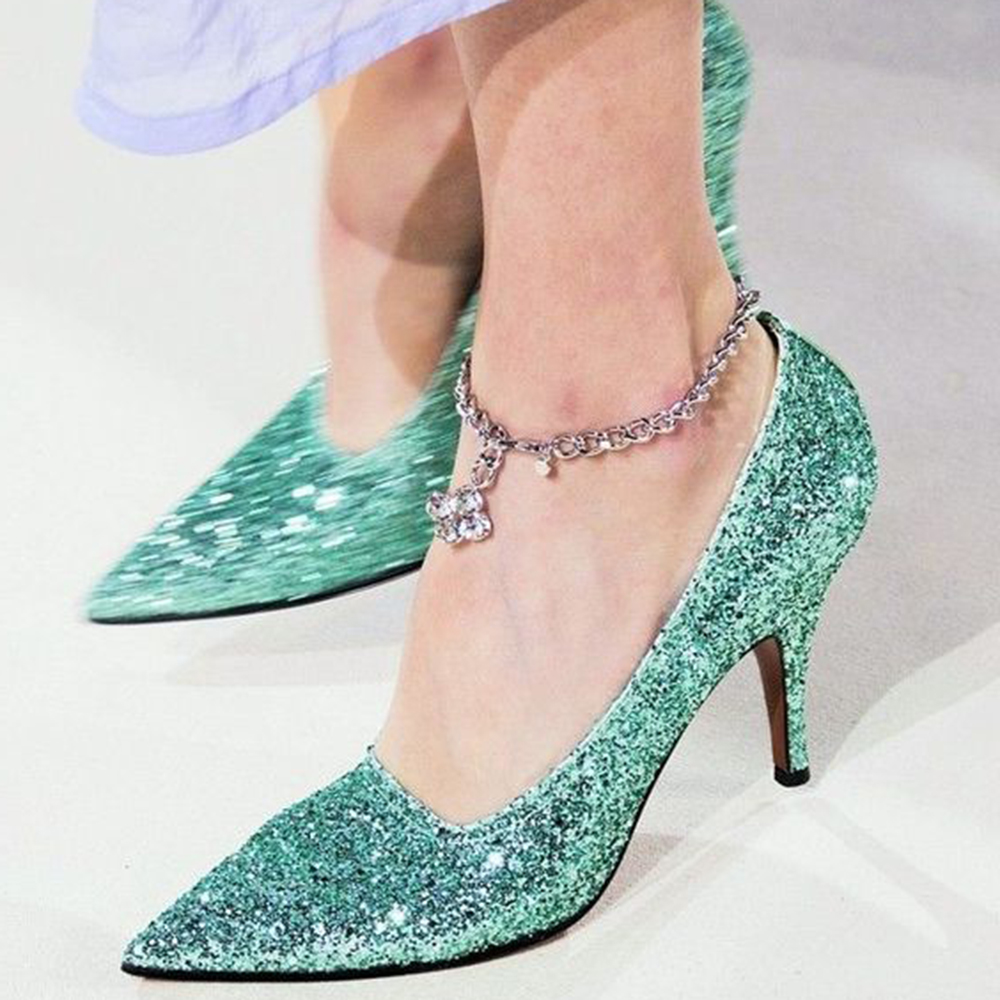Green Glitter Closed Toe Stiletto Heel Pumps Nicepairs