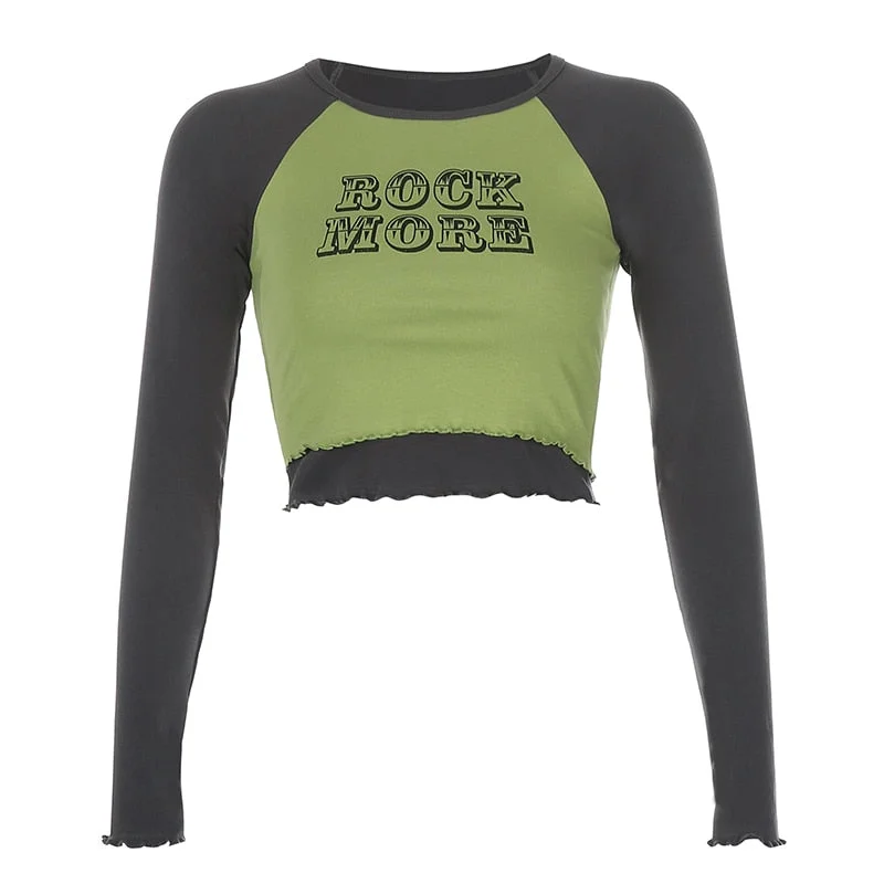 HEYounGIRL Fake 2 Pieces Letter Print Cotton Tshirt Women Autumn Casual Crop Top T Shirt Ladies Fashion Basic T-shirt Winter