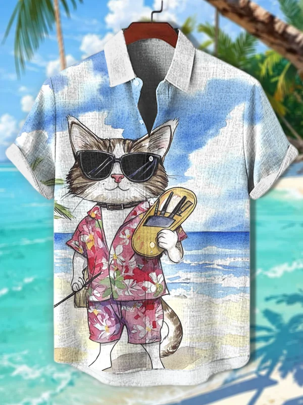 Men's Cat Painting Print Short Sleeve Shirt