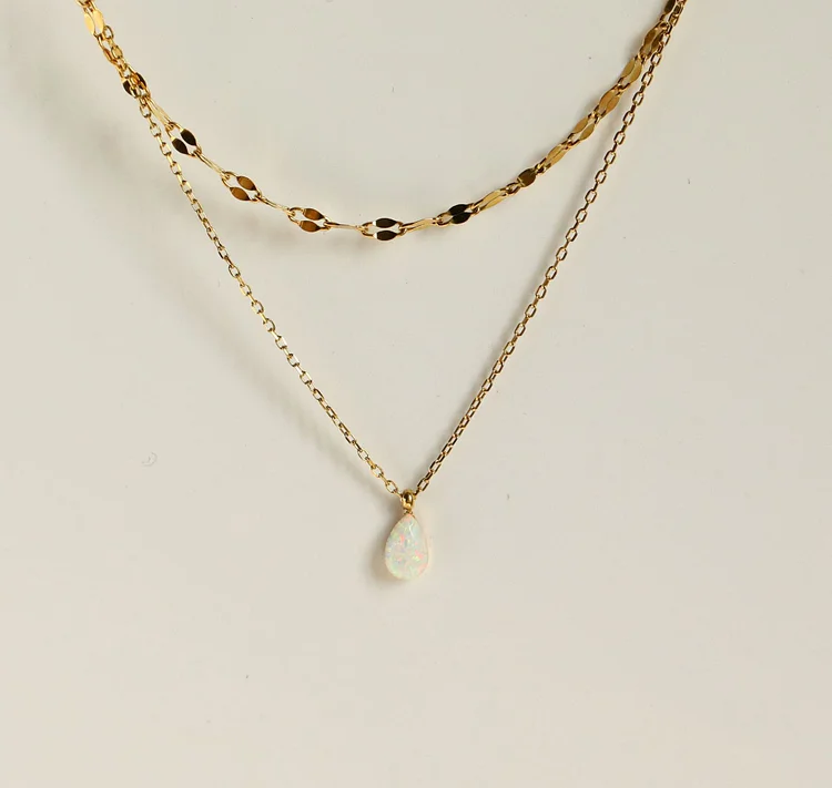 Women's Opal Blue Tear Drop Double Pendant Necklace