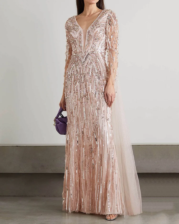 Elegant Cape-Effect Embellished Dress Gown
