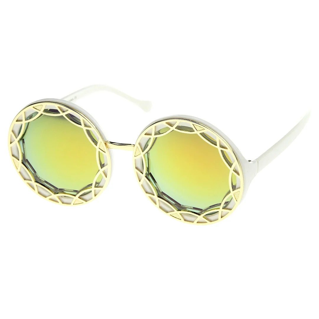 Women's Oversize Ornate Flat Pattern Color Mirror Lens Round glasses 55mm