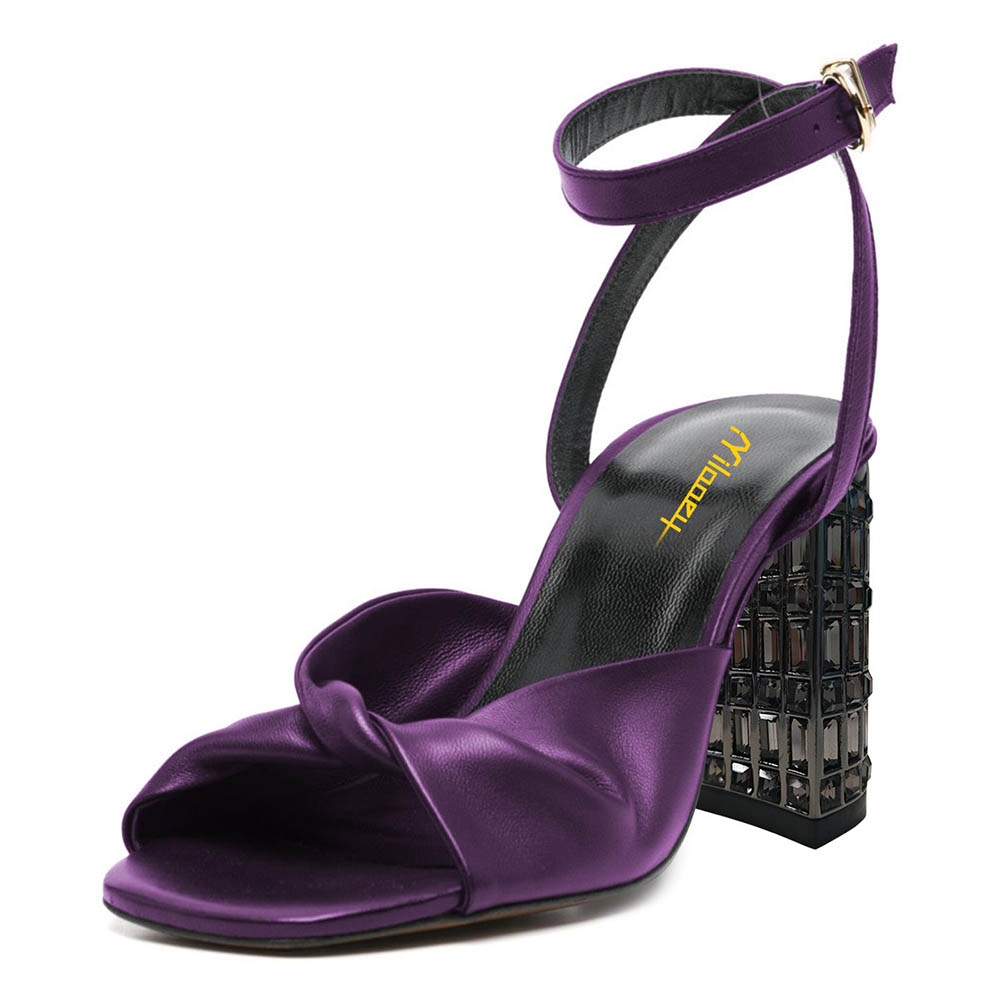 Purple Square Toe Ankle Strap Buckle Chunky High Heels Sandals Nicepairs