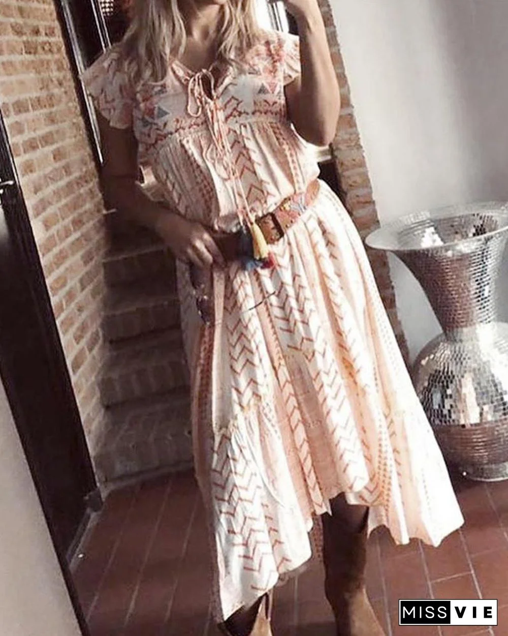 Printed V Neck Ruffle Hem Sleeveless Tassel Design Casual Loose Midi Dress P14267