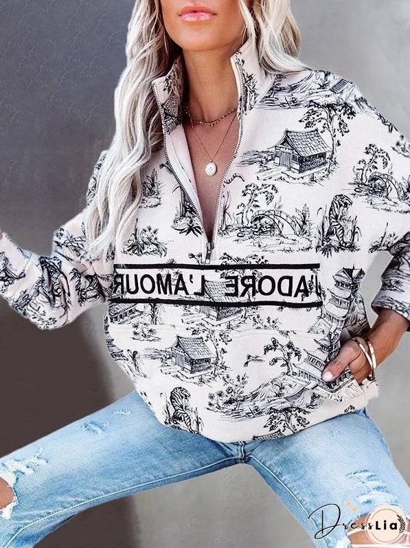 Women's Hoodies Landscape Letter Zipper Long Sleeve Hoodie