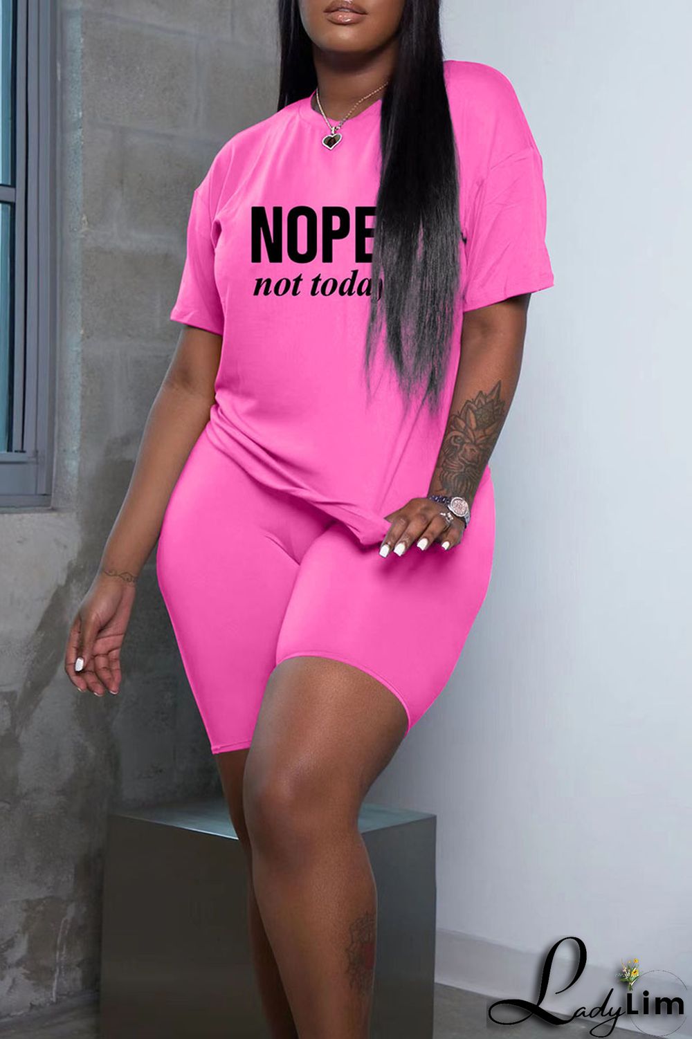 Grey Fashion Casual Letter Print Basic O Neck Short Sleeve Two Pieces