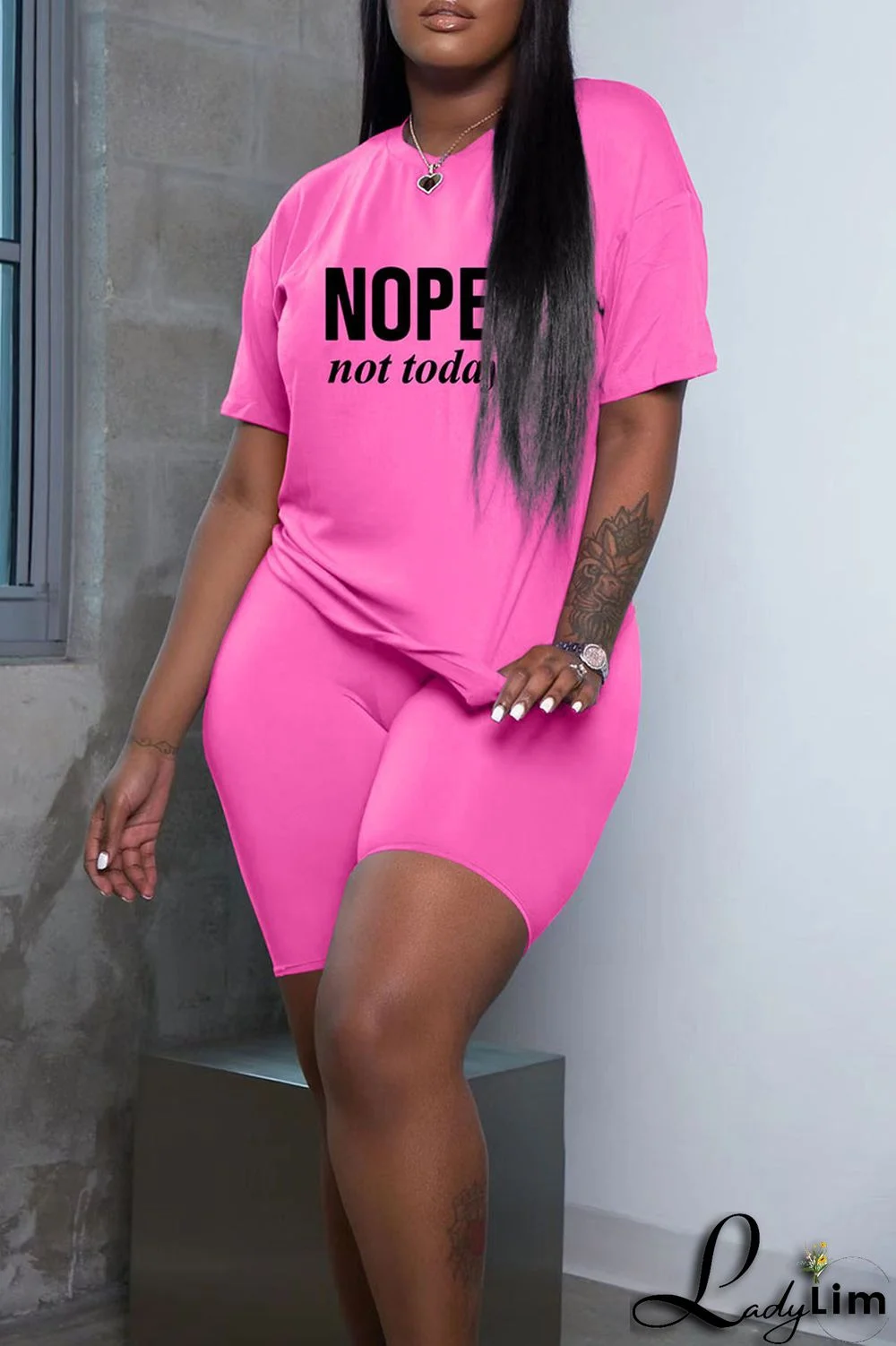 Grey Fashion Casual Letter Print Basic O Neck Short Sleeve Two Pieces