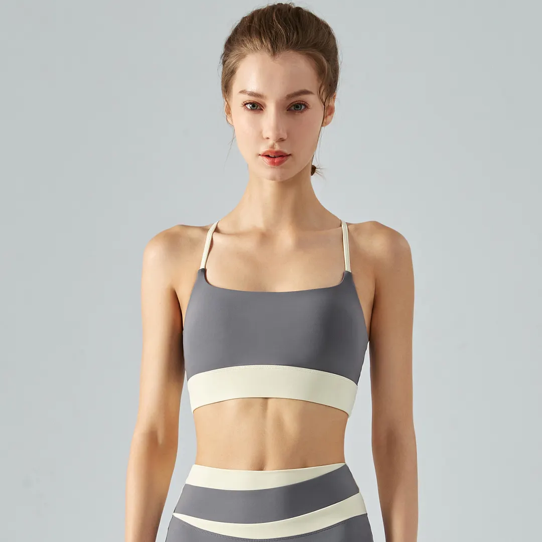 Hergymclothing Titanium women's shockproof thin straps contrast stitch yoga bra with high support for sale