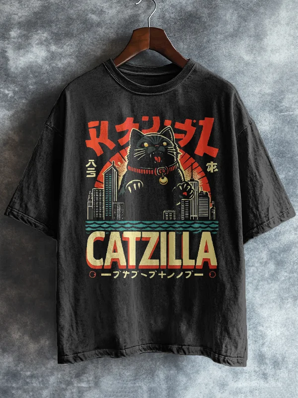 Men's Catzilla Monster Japanese Art Print Cotton Washed T-Shirt