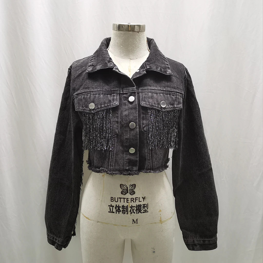 Women's Fashion Tassel Splicing, Vintage Denim Crop Jacket