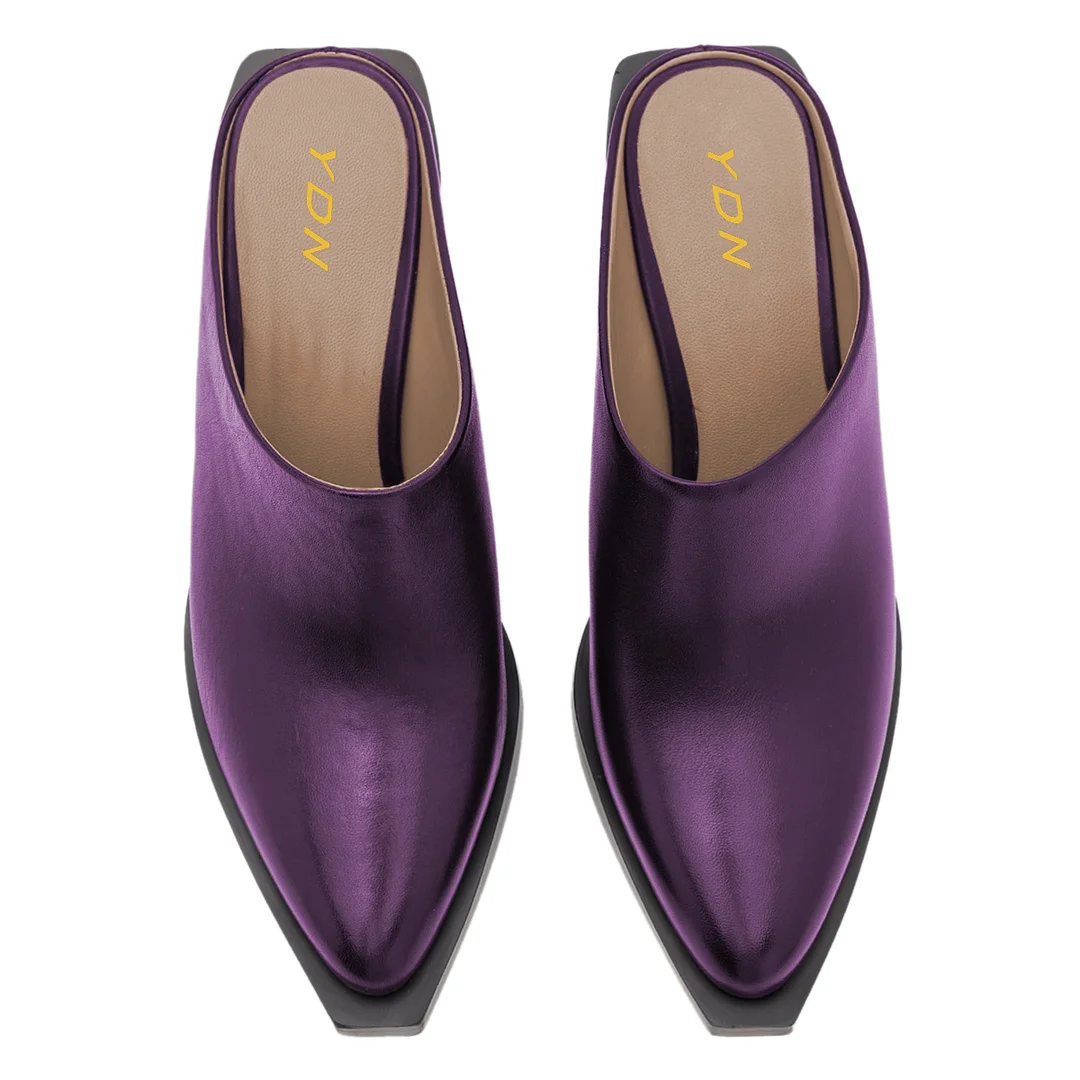 Stylish Purple Vegan Leather Snip Toe Mules with Block Heels