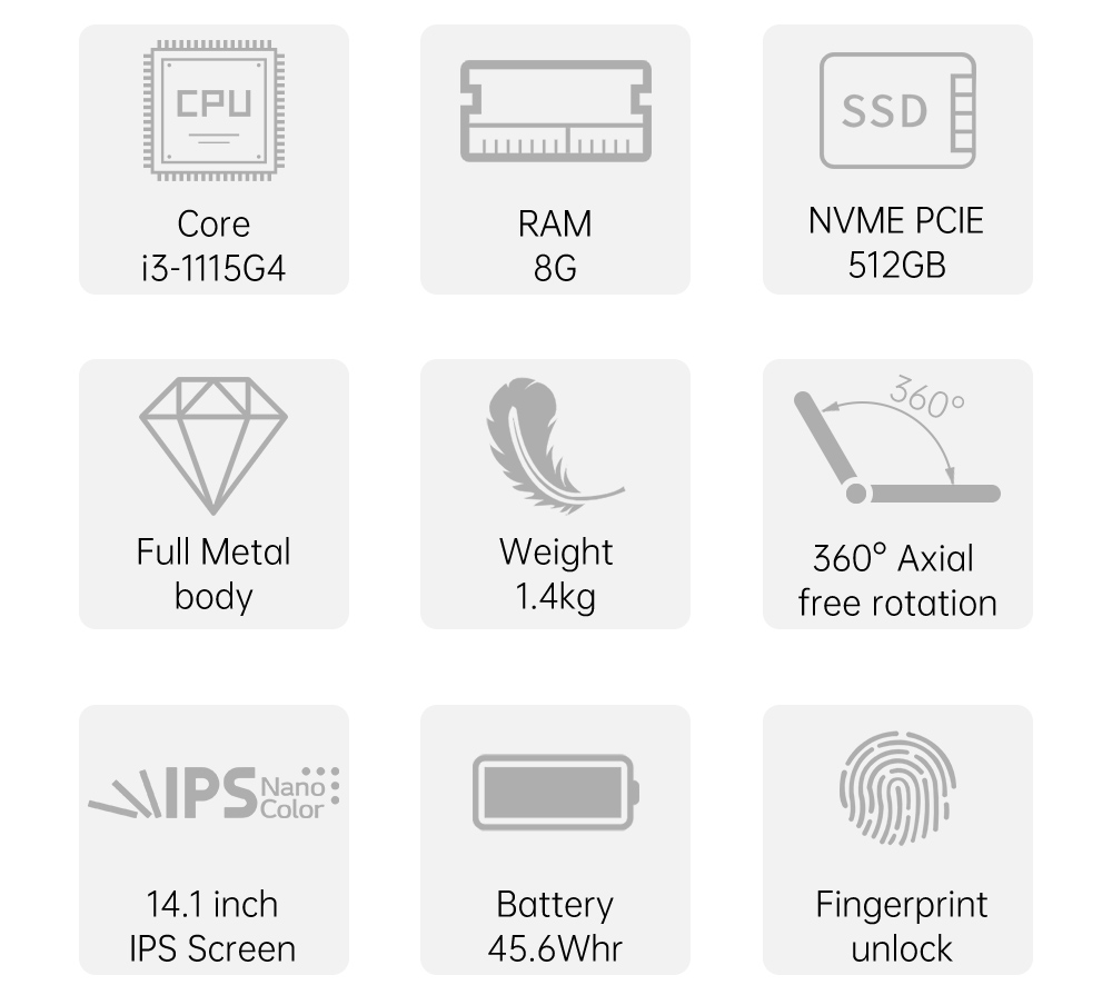 KUU Flexones 14.1 inch Black Flexible Laptop Intel i3-1115G4 Processor Up to 3.0GHz 8GB DDR4 RAM 521GB SSD PCIe 8