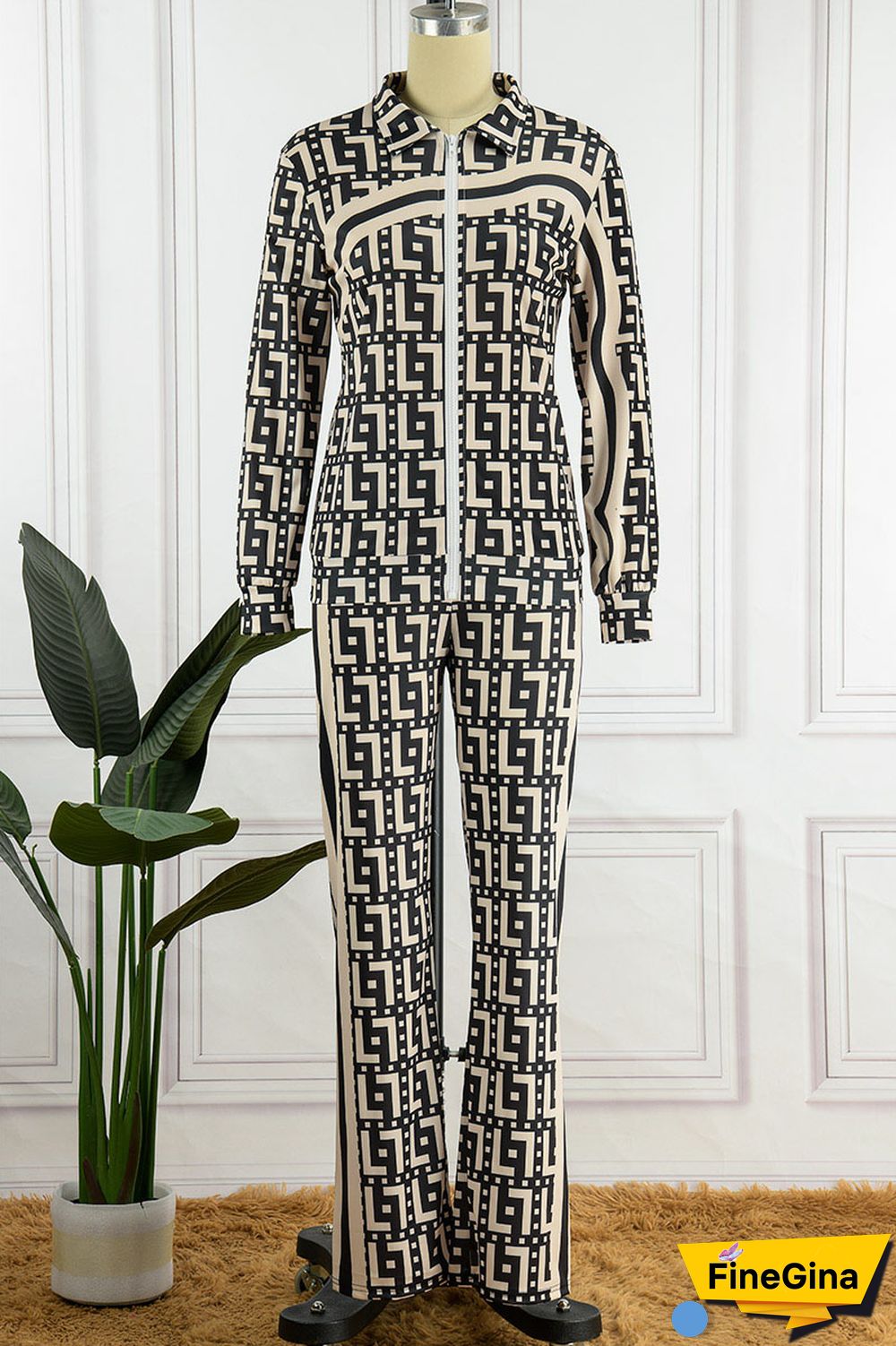 Coffee Casual Street Print Patchwork Zipper Long Sleeve Two Pieces