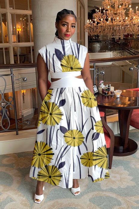Mock Neck Print Sleeveless Cutout Maxi Dresses