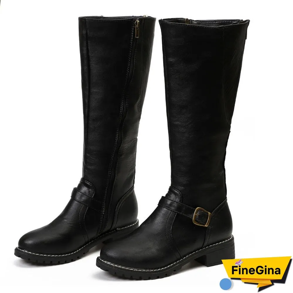 Vintage Round Toe Buckle Tall Boots Chunky Heel Riding Boots