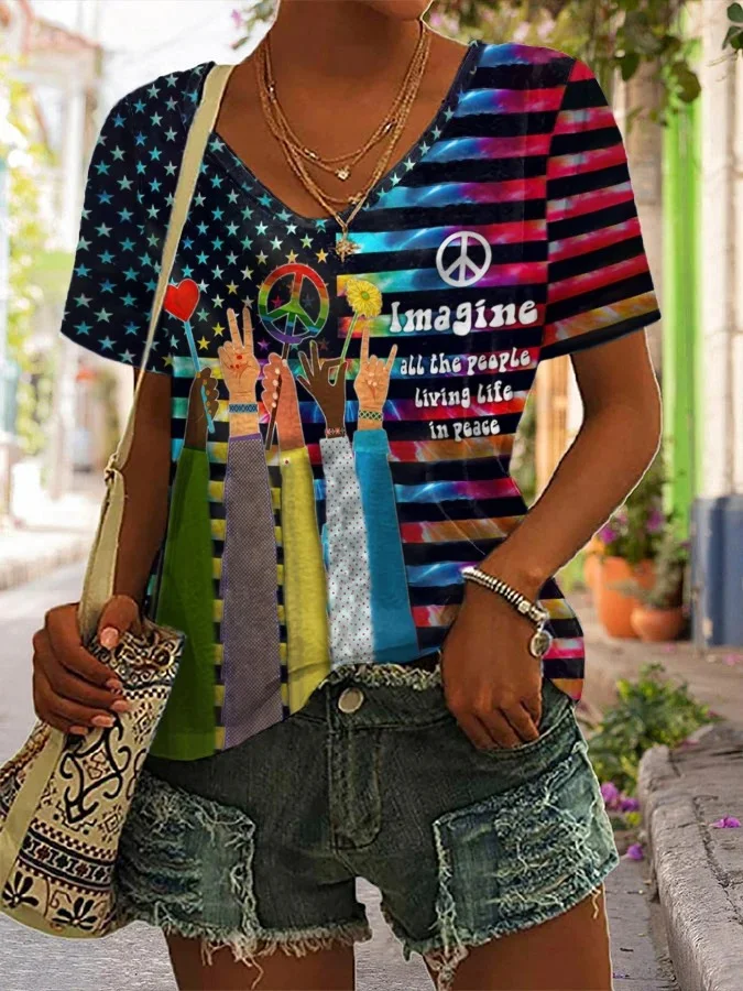 V-neck Retro Hippie Imagine All The People Living Life In Peace Print Shirt