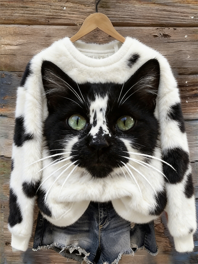 Unique Cow Cat & Pattern Cozy Plush Sweatshirt wearshes