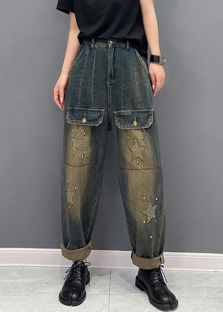 Handmade Star Zircon Pockets High Waist Patchwork Jeans Fall