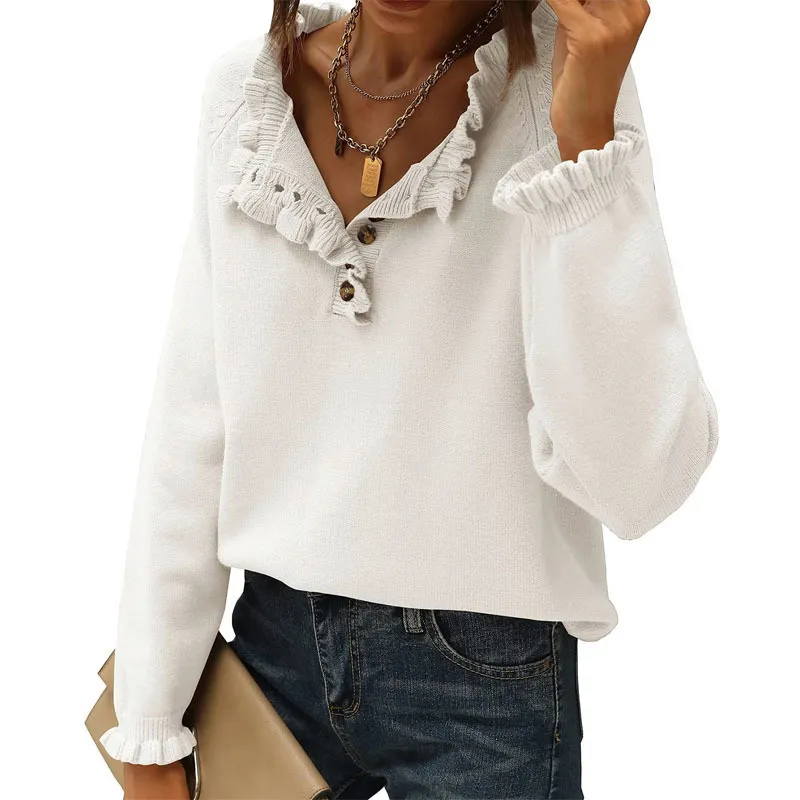 Women's Button Decor Long Lantern Sleeve Loose Casual Pullover 