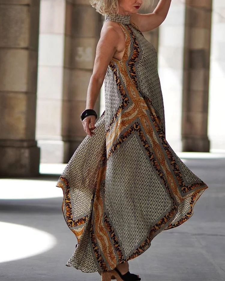 Neck-Hanging Printed Irregular Hem Dress