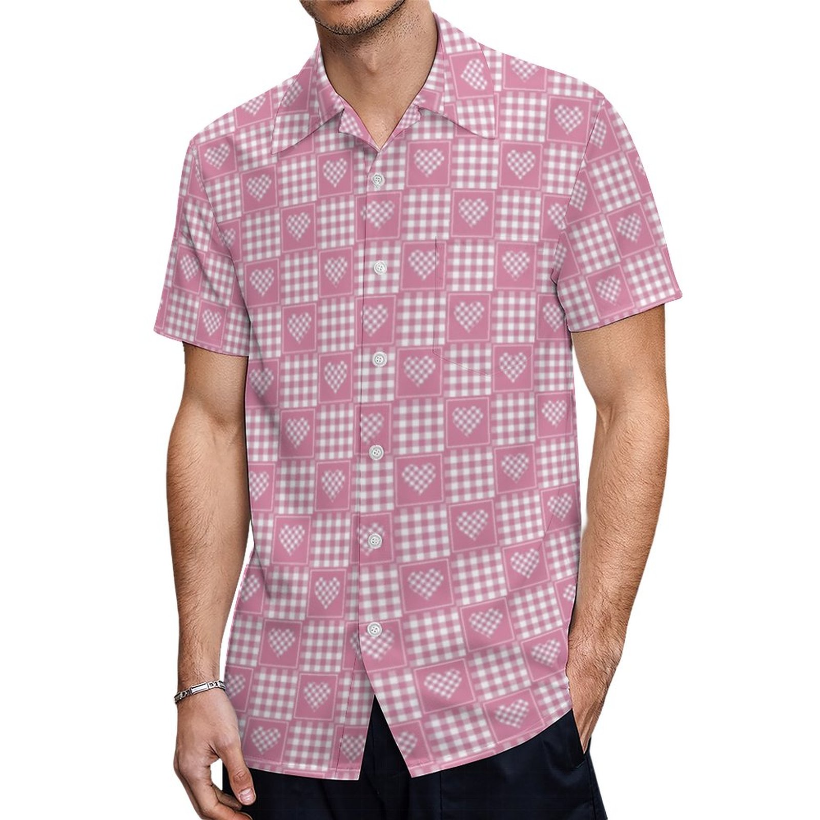 Pink And White Buffalo Plaid Patchwork Hearts Hawaiian Shirt Mens Button Down Tropical Hawaii Beach Shirts