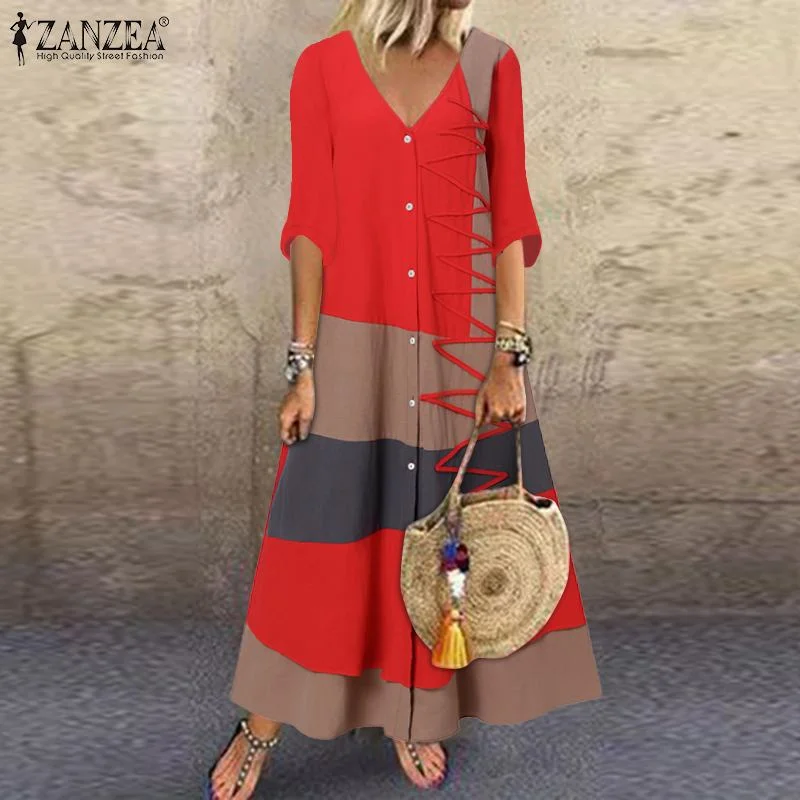 ZANZEA Summer Vintage Patchwork Long Shirt Dress Casual Buttons Down Party Vestidos Robe Femme WomenV Neck Half Sleeve Sundress