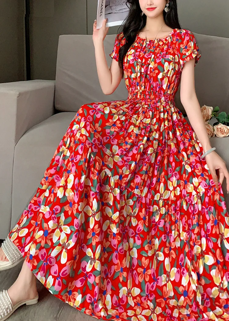 Women's floral dress, travel beach dress, printed short-sleeved one-line collar, Maxi Dress