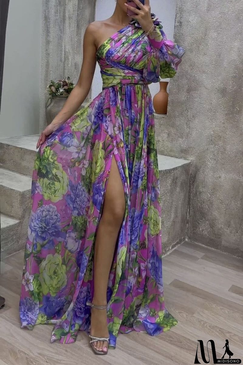 MidiSono - Elegant Floral Patchwork Oblique Collar Printed Dress Dresses