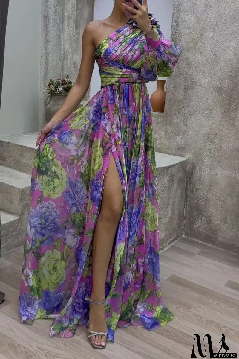 MidiSono - Elegant Floral Patchwork Oblique Collar Printed Dress Dresses