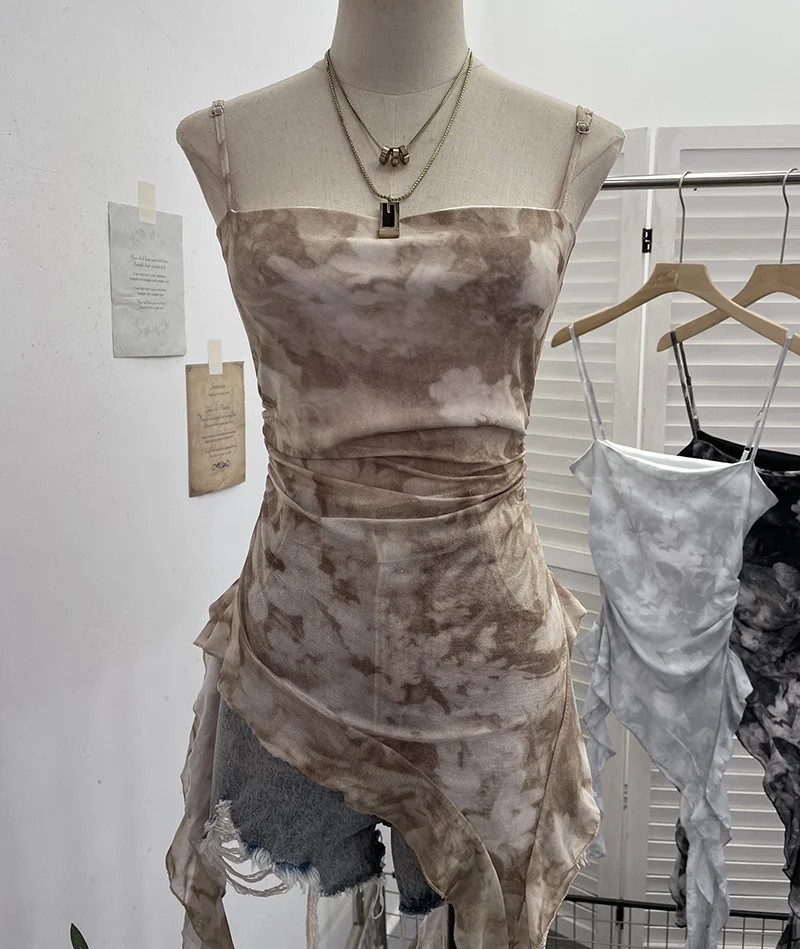 Nigikala Nigikala Sling Sleeve Vest Women Wearing Slimming Net Yarn Irregular Ribbon Sleeveless Top 1227