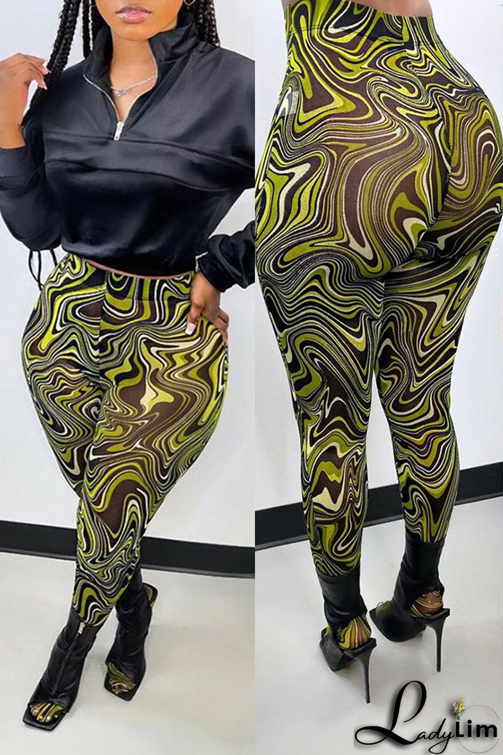 Orange Street Print Split Joint Skinny High Waist Pencil Full Print Bottoms