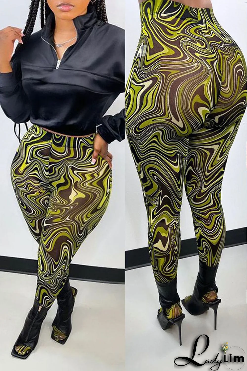 Orange Street Print Split Joint Skinny High Waist Pencil Full Print Bottoms